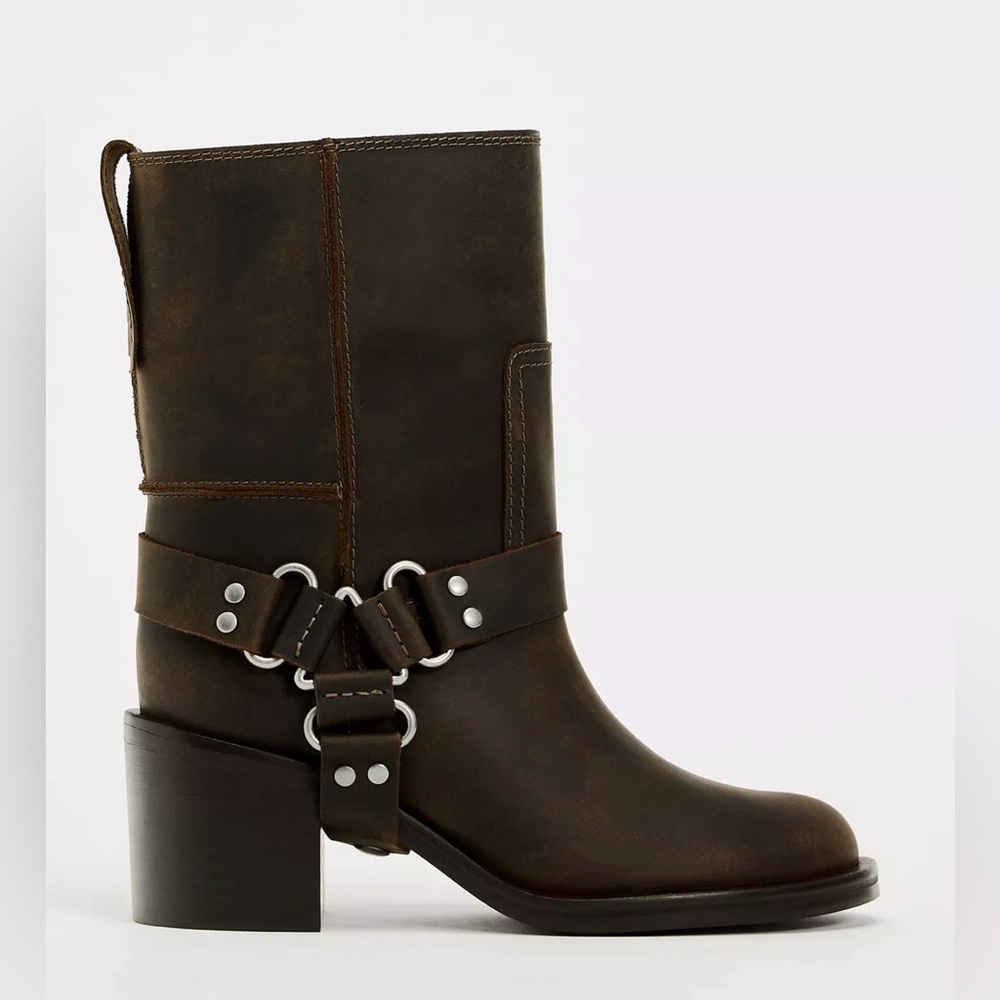 Zara brown leather harness moto buckle boots - never worn. EU37 / US 6.5